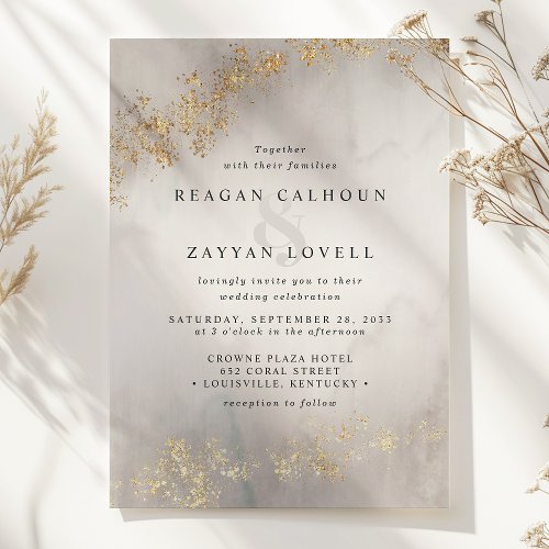 Modern Luxe Gold Flecks Gray Watercolor Wedding Invitation