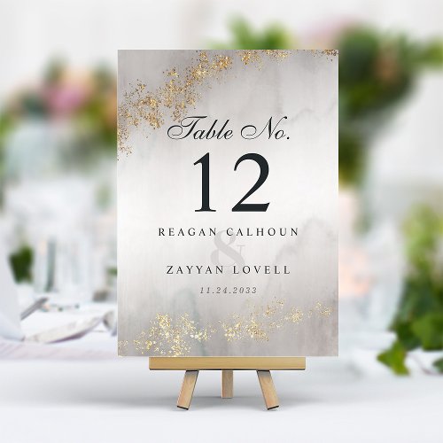 Modern Luxe Gold Flecks Gray Watercolor Wedding Ta Table Number