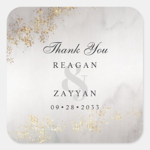 Modern Luxe Gold Flecks Gray Wedding Thank You Square Sticker