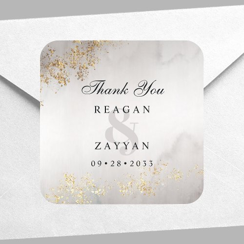 Modern Luxe Gold Flecks Gray Wedding Thank You Square Sticker