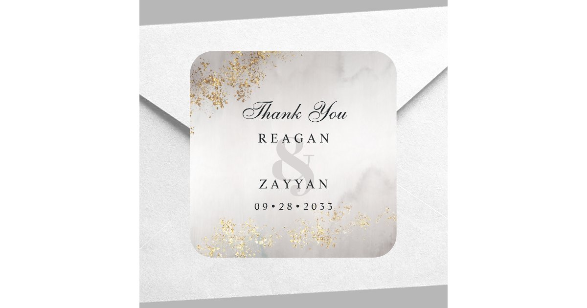 Modern Luxe Gold Flecks Gray Wedding Thank You Square Sticker | Zazzle