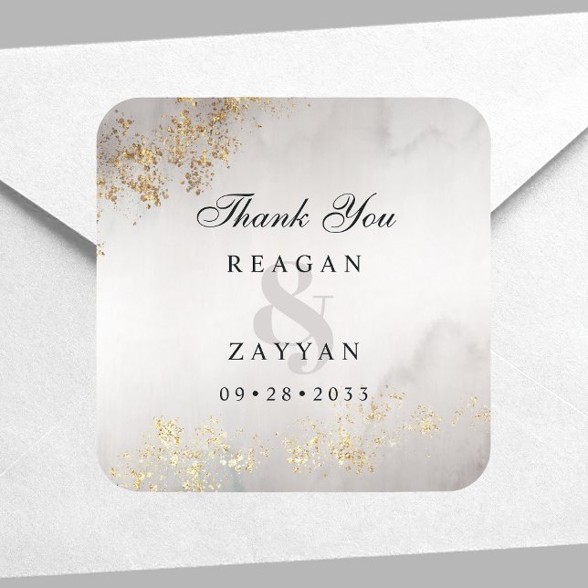 Modern Luxe Gold Flecks Gray Wedding Thank You Square Sticker (Creator Uploaded)