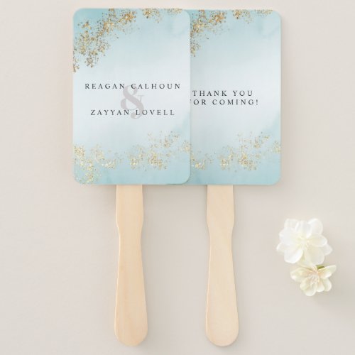 Wedding Fan Programs 16 Modern Luxe Gold Flecks Teal Mist Wedding Hand Fan