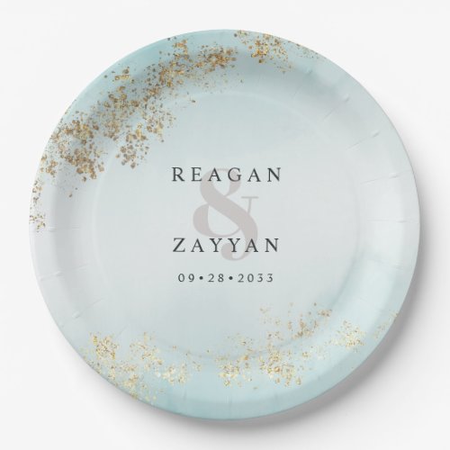 Modern Luxe Gold Flecks Teal Mist Wedding Paper Plates