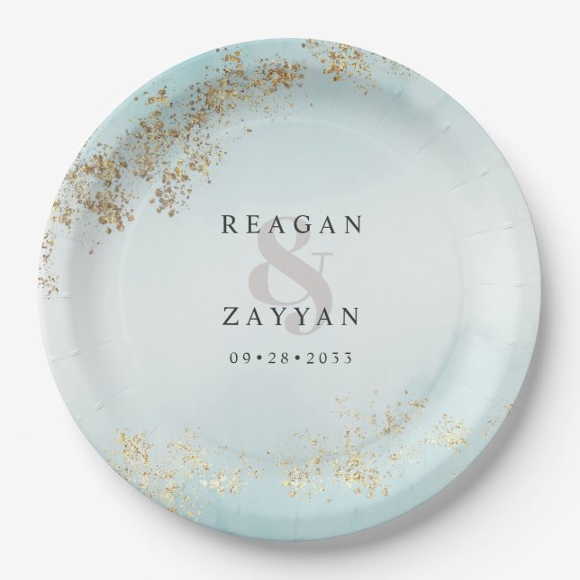 Modern Luxe Gold Flecks Teal Mist Wedding Paper Plates (Front)
