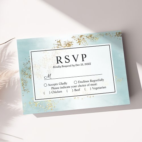 Modern Luxe Gold Flecks Teal Mist Wedding RSVP Card