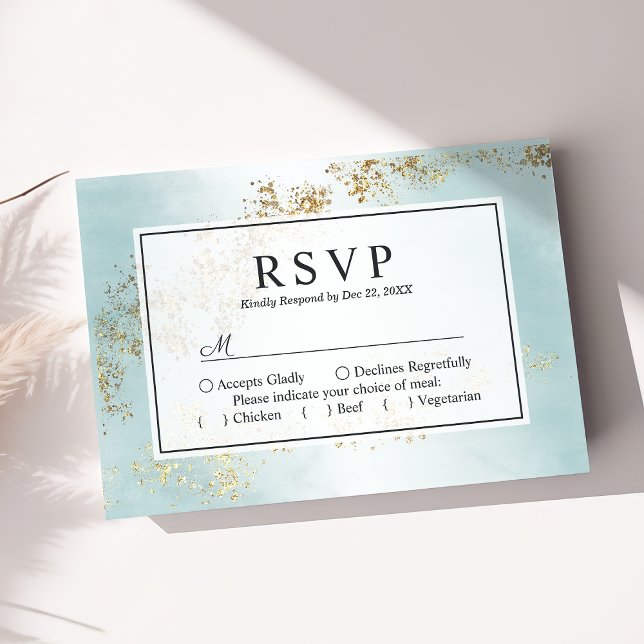 Modern Luxe Gold Flecks Teal Mist Wedding RSVP Card (Creator Uploaded)