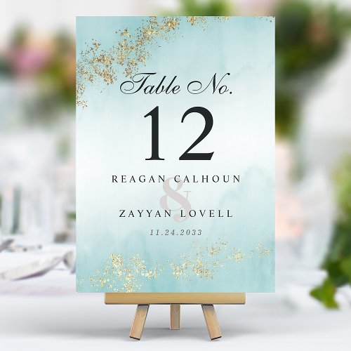 Modern Luxe Gold Flecks Teal Mist Wedding Table Number