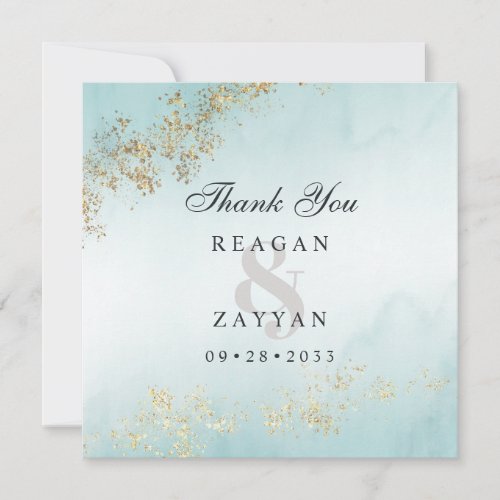 Modern Luxe Gold Flecks Teal Mist Wedding Thank You Card