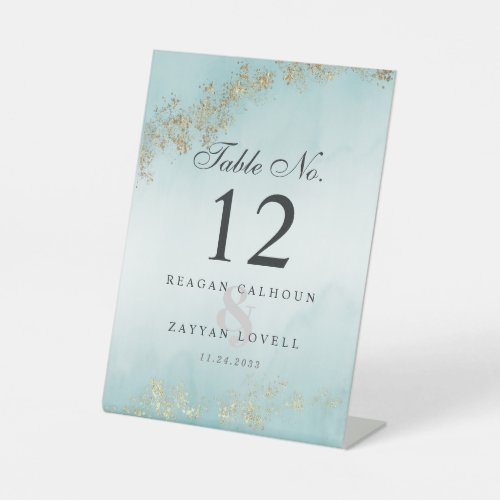 Modern Luxe Gold Flecks Teal Table Number Pedestal Sign