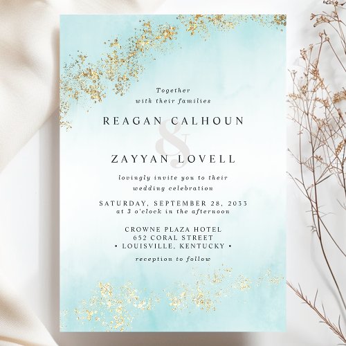 Modern Luxe Gold Flecks Teal Watercolor Wedding Invitation