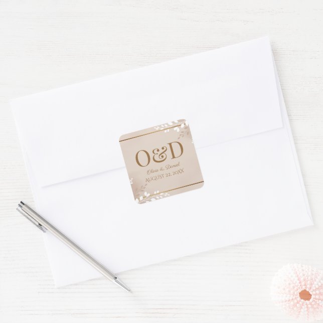 Modern Luxe Neutral & Gold Monogram Wedding Square Sticker (Envelope)