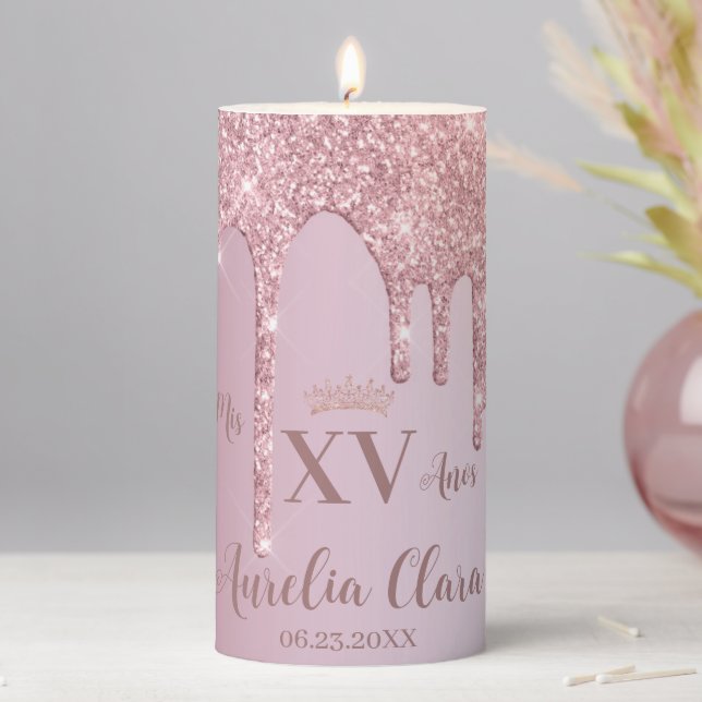 Modern Luxe Rose Gold Dripping Glitter Quinceañera Pillar Candle (In Situ)