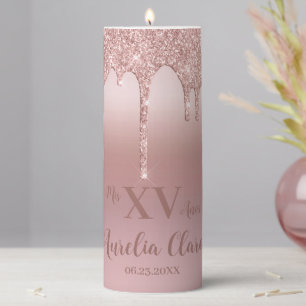 Modern Luxe Rose Gold Dripping Glitter Quinceañera Pillar Candle