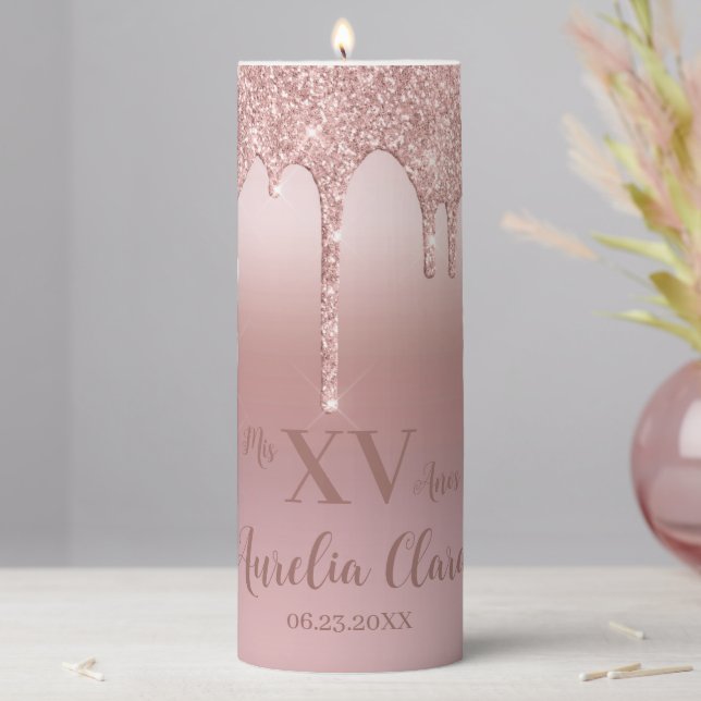 Modern Luxe Rose Gold Dripping Glitter Quinceañera Pillar Candle (In Situ)