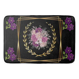 Modern Luxurious Black Gold Purple Floral Trendy  Bath Mat
