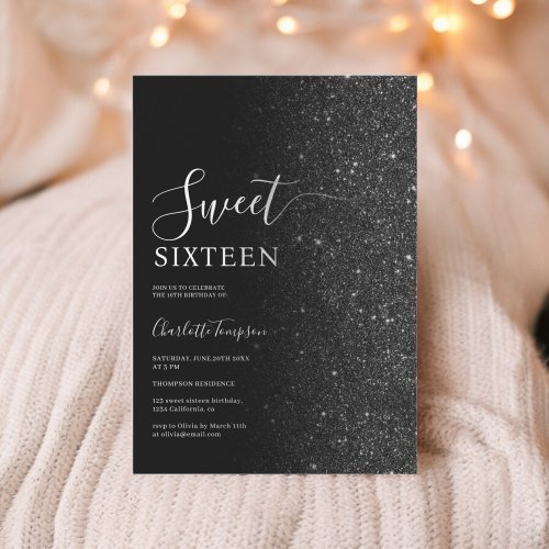 Modern Luxurious Chic Black Glitter Sweet 16 Invitation