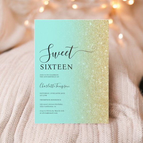Modern Luxurious Gold Glitter Mint Sweet 16 Invitation