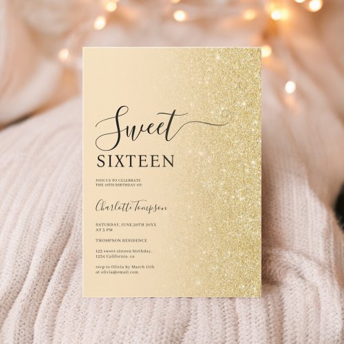 Modern Luxurious Gold Glitter Yellow Sweet 16 Invitation
