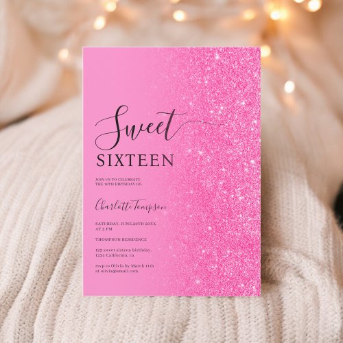 Modern Luxurious Pink Glitter Neon Sweet 16 Invitation