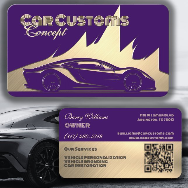 Modern Luxurious Purple & Gold engraved-style Car Business Card (Creator Uploaded)