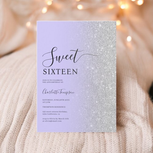 Modern Luxurious Silver Glitter lavender Sweet 16 Invitation
