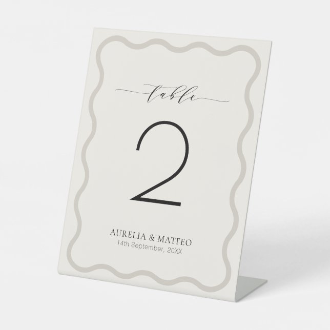 Modern Luxury Beige & Ecru Wavy Frame Table Number Pedestal Sign (Front)