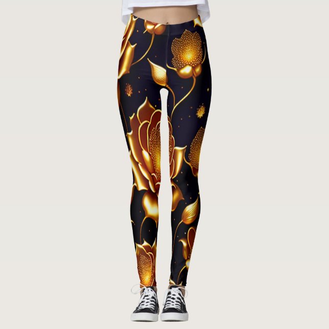 Modern Luxury Big Gold Rose Collection Leggings (Front)