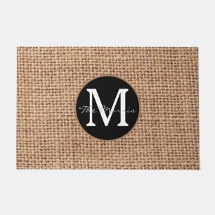 Modern luxury black and brown monogrammed burlap   doormat