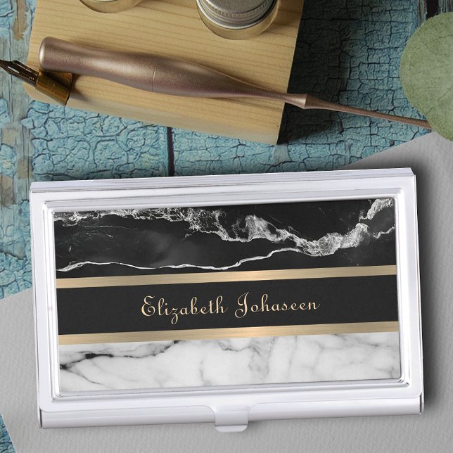 Modern Luxury Black and White Marble Gold Stripes Business Card Case (Creator Uploaded)
