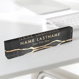 Modern Luxury Black Gold Agate Marble Desk Name Plate