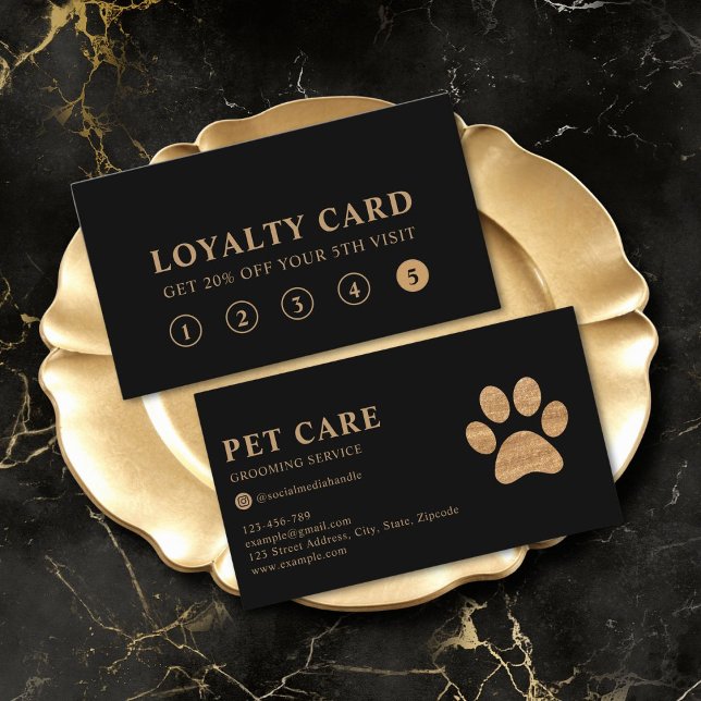 Modern Luxury Black Gold Pet Paw Loyalty Card (professional premium black gold modern pet grooming service loyalty card)