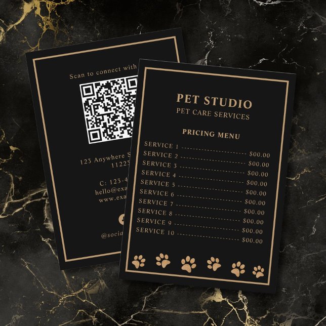 Modern Luxury Black Golden Paw Pet Care Pricing Menu (premium looking black gold modern luxury personalized pet care pricing menu card)