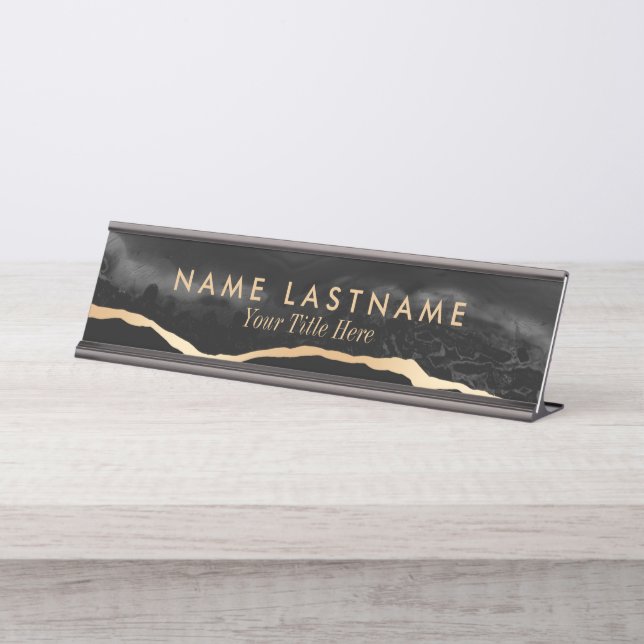 Modern Luxury Black Grey Gold Agate Marble Desk Name Plate (Front)