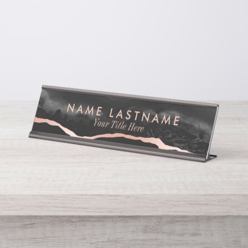 Modern Luxury Black Grey Rose Gold Agate Marble Desk Name Plate