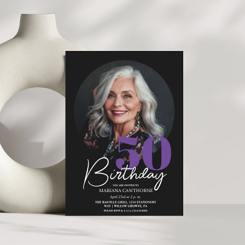 Modern Luxury Black Purple 50th Birthday Party  Invitation