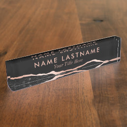 Modern Luxury Black Rose Gold Agate Marble Desk Name Plate