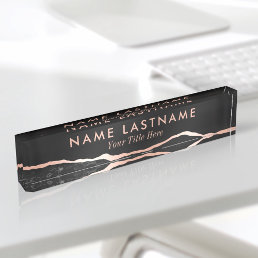 Modern Luxury Black Rose Gold Agate Marble Desk Name Plate