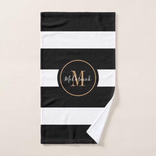 Modern Luxury Black White Stripes Gold Monogram Hand Towel
