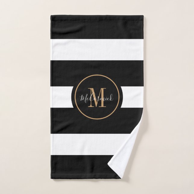 Modern Luxury Black White Stripes Gold Monogram Hand Towel (Hand Towel)