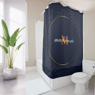 Modern Luxury Blue Circle Orange Monogram Script Shower Curtain
