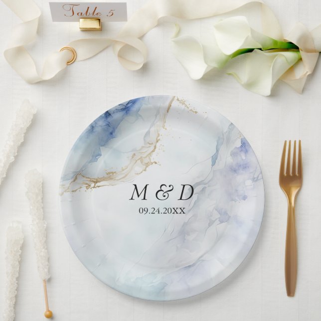 Modern Luxury Blue Marble Wedding  Paper Plates (Wedding)