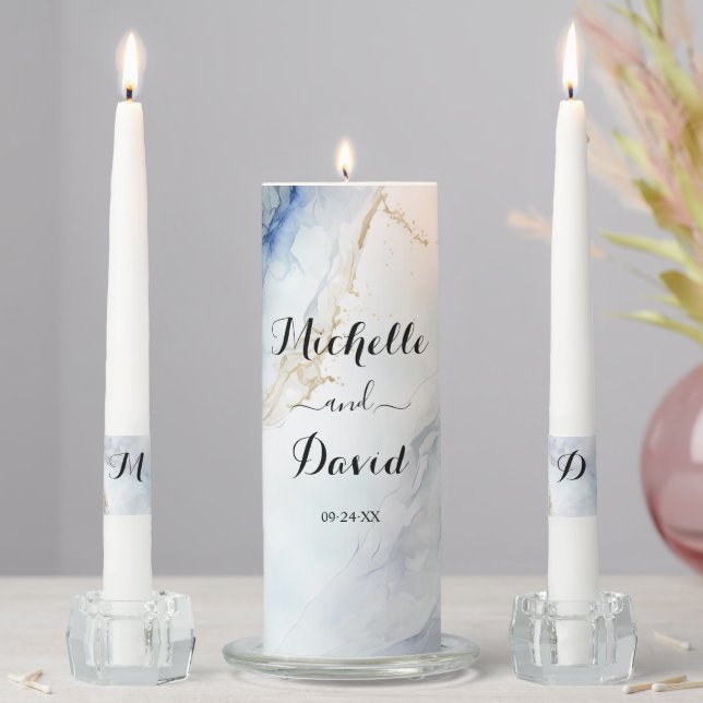 Modern Luxury Blue Marble Wedding Unity Candle Set (In Situ)
