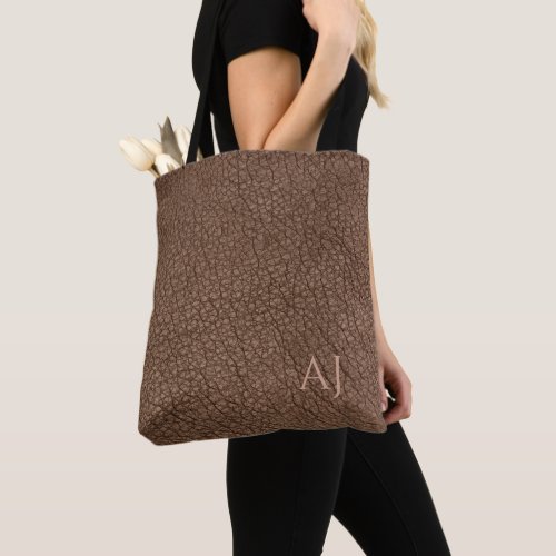 Modern luxury brown faux leather look monogrammed tote bag