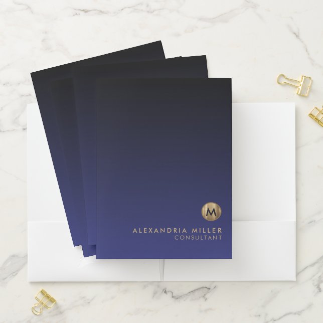 Modern Luxury Brushed Gold Monogram Navy Blue Pocket Folder (In Situ)
