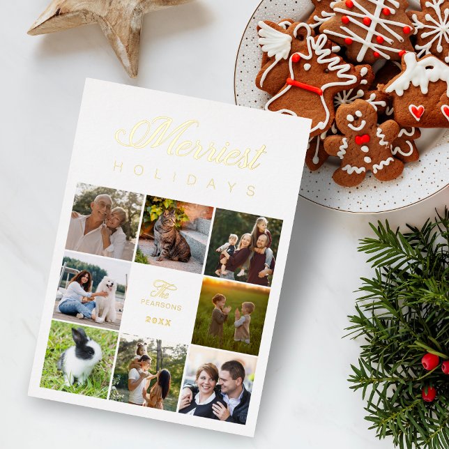 Modern Luxury Collage 8 Photos Family Christmas Foil Holiday Card (Creator Uploaded)