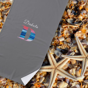 Modern luxury coral blue initial name D light grey Beach Towel