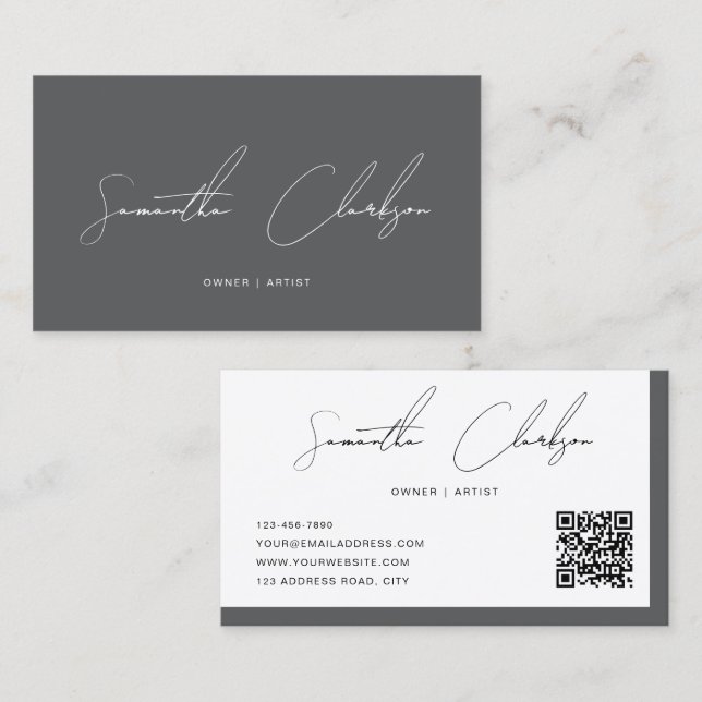 Modern Luxury Dark Gray Handwritten Script QR code Business Card (Front/Back)