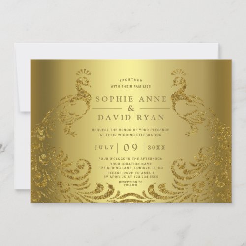Modern Luxury Gold Abstract Peacock Wedding Invitation