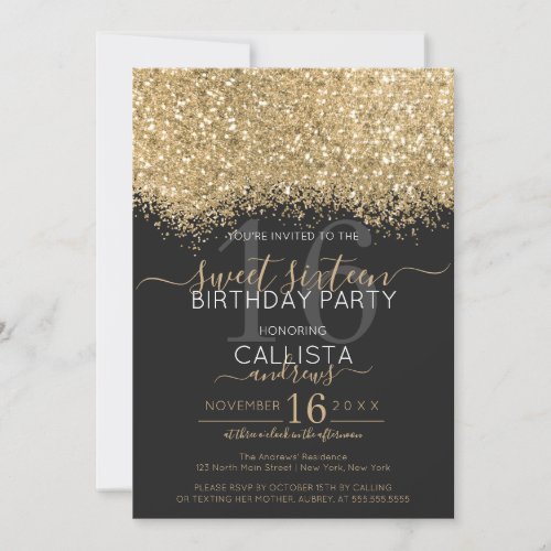 Modern Luxury Gold Black Glitter Confetti Sweet 16 Invitation